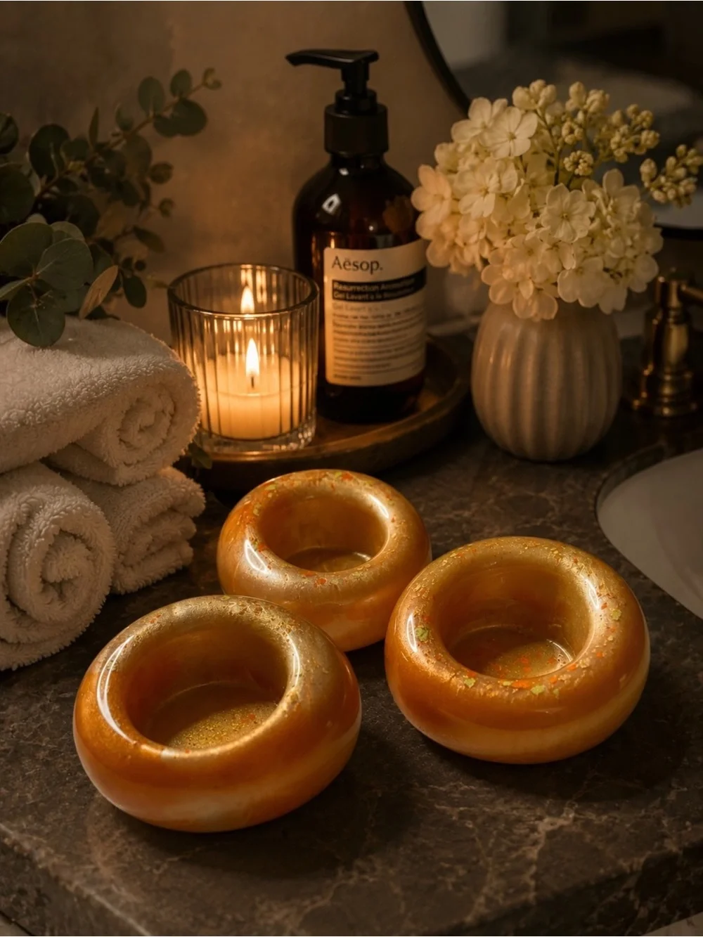 Handcrafted Amber Gold Ceramic Tea Light Holders - Set of 3